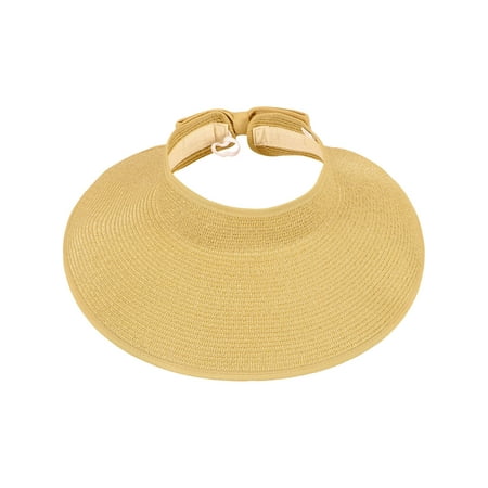 Women's Roll Up Wide Brim Straw Sun Hat Visor Ribbed_Beige