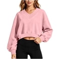 thumbnail image 2 of hoksml Women's Cropped Sweatshirt, V-Neck Balloon Long Sleeve Oversized Pullover Top with Loose Fit, Solid Color Casual Activewear, 2 of 6
