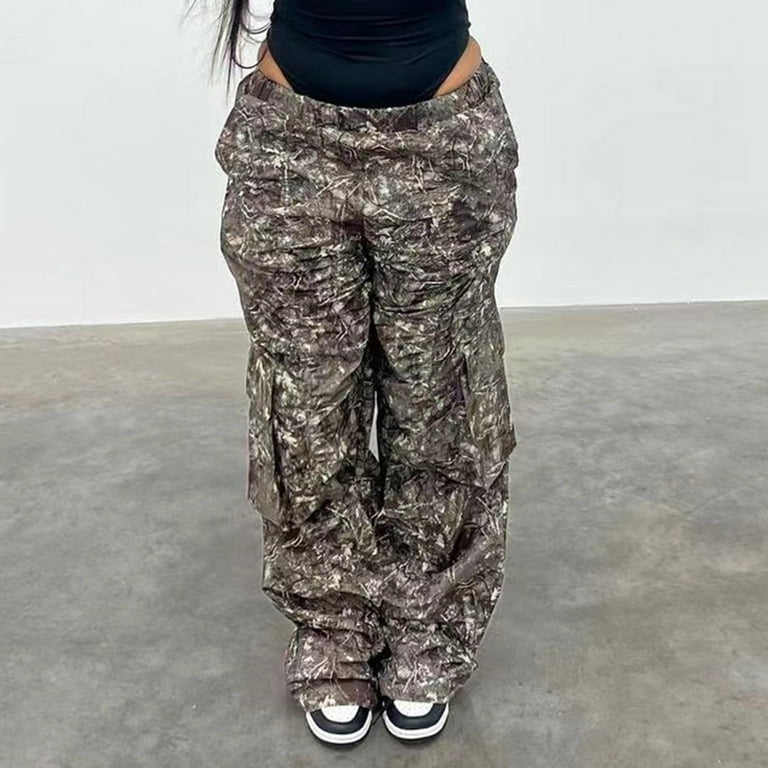 JWZUY Womens Camouflage Cargo Pants Baggy Camo Print Elastic Waist Wide Leg  Trousers Black XXL 