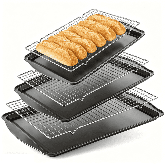 6-Piece Baking Sheet & Cooling Rack Set – Carbon Steel Nonstick, 13/15/17 Inch, Stackable