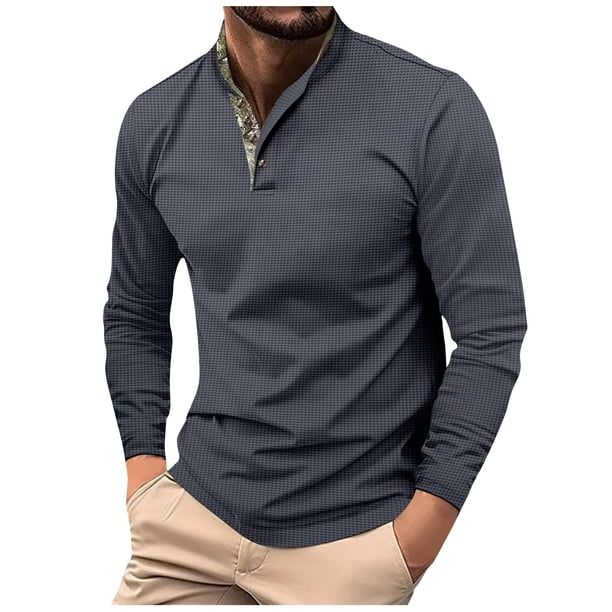 Blusas y camisas de manga larga con cuello redondo para hombre, blusa holgada de color liso con botones y cuello redondo, blusa de manga larga con cuello redondo para hombre