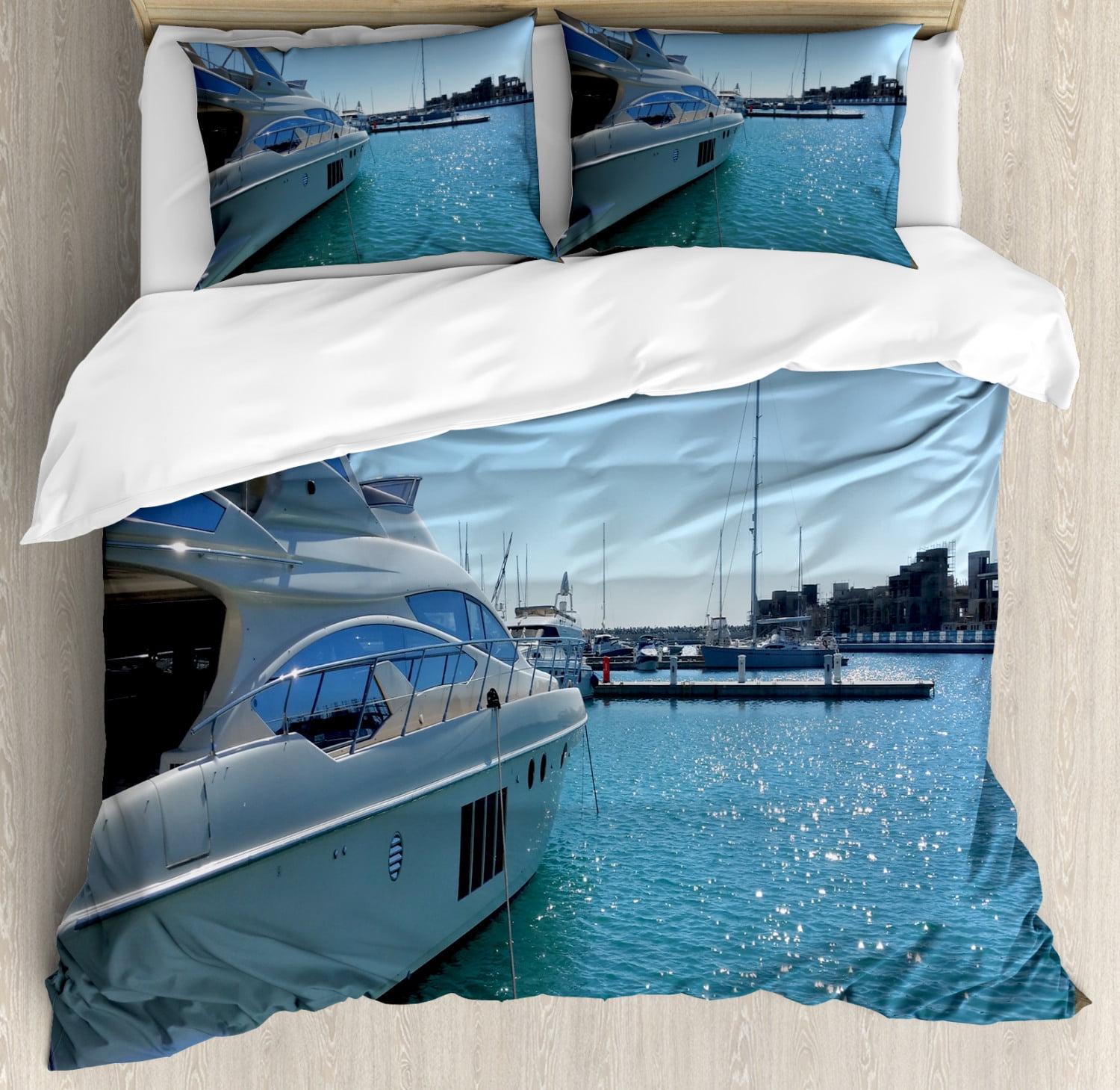 Cyprus Duvet Cover Set King Size, Image of Modern Yacht at Anchor in Limassol Marina Under Sunny