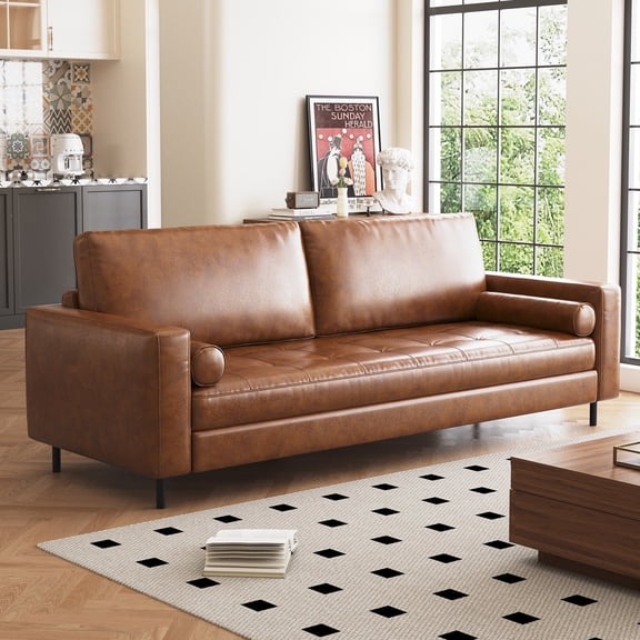 80.31" Mid-Century Modern Faux Leather 3-Seater Sofa Couch, with Sturdy Metal Legs & Solid Wood Frame, for Living Room & Apartment, Brown