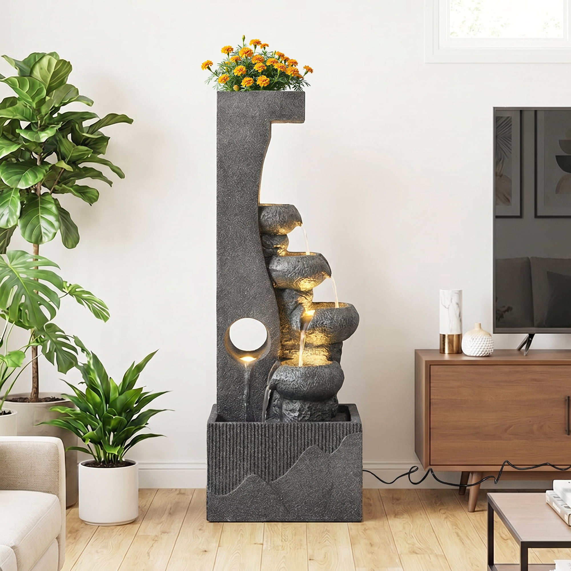 Haverchair 40" H Cascading Rock Water Fountain, 6-Tier Outdoor Garden Waterfall with with Flower Pot and Lights, Indoor Water Feature Fountain for Garden, Patio, Backyard, Porch and Home Art Decor