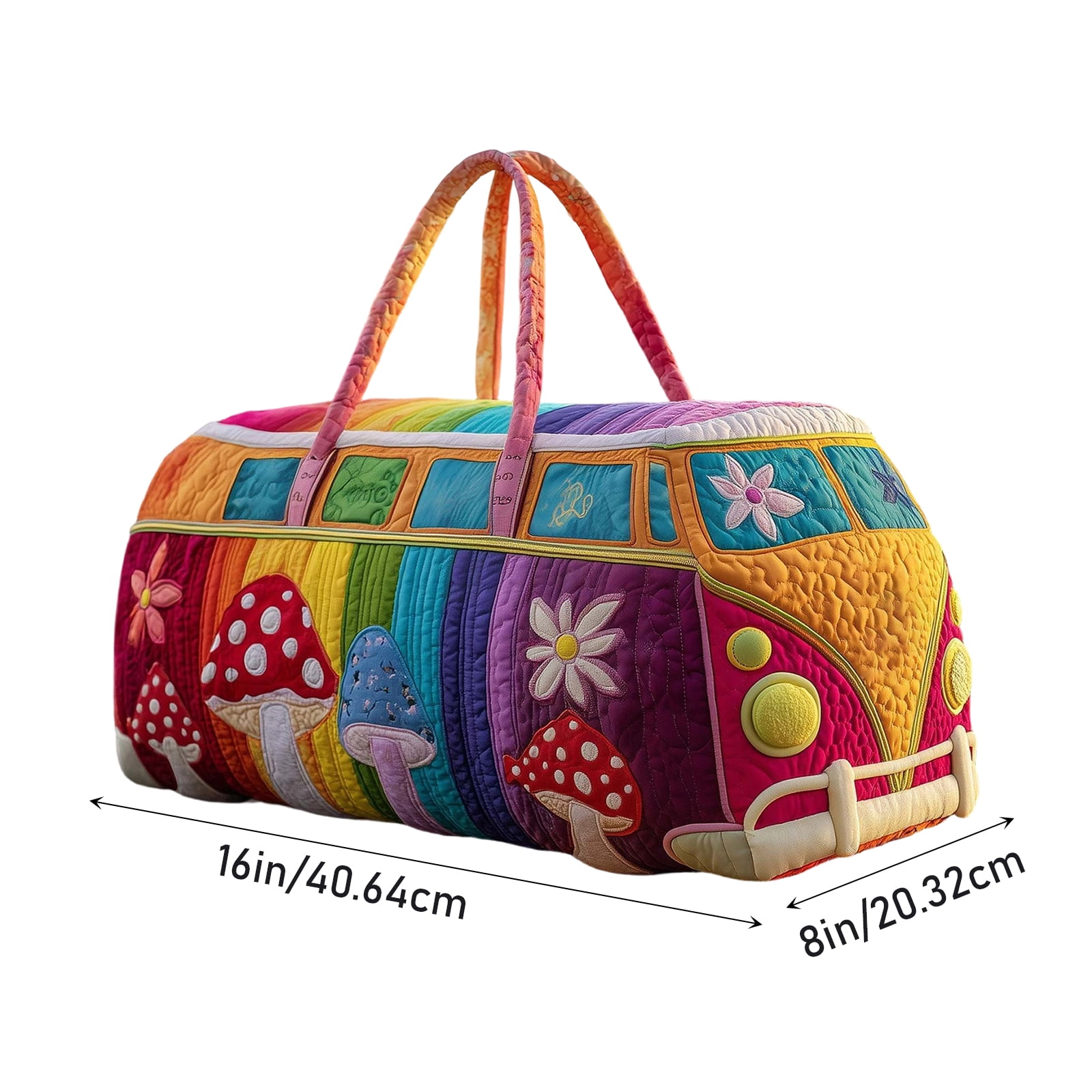 Hippie Van Quilted Duffle Bag, 16"x8"x8" Vintage Boho Canvas Weekender for Women, Colorful Psychedelic Travel Carry-On, Retro Bus Theme Gym Bag with Adjustable Strap(S, 16"x8"x8")