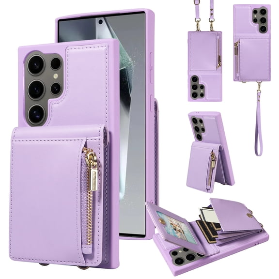Mantto Zipper Wallet Case for Samsung Galaxy S25 Ultra,[RFID Blocking] Leather Back Flip Crossbody Purse with Credit Card Holder Kickstand Phone Case with Detachable Wrist Strap Lanyard,Purple