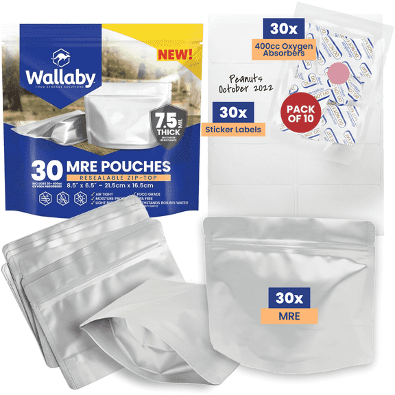 30 Wallaby MRE Mylar Bags with Zipper - Bundle - 0.35 Gallon (7.5 Mil) with 30 400cc Oxygen Absorbers, 30 Labels - Heat Sealable, Food Safe, Long Term Storage, Camping, Backpacking & Survival