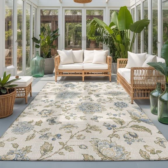 Vintage Floral Washable Living Room Rugs 5'x8', Country Farmhouse Gold Blue Flowers Leaf Butterfly Washable Throw Large Area Rug Non-Slip Sturdy Edge Binding Carpet for Living Area Kitchen Office