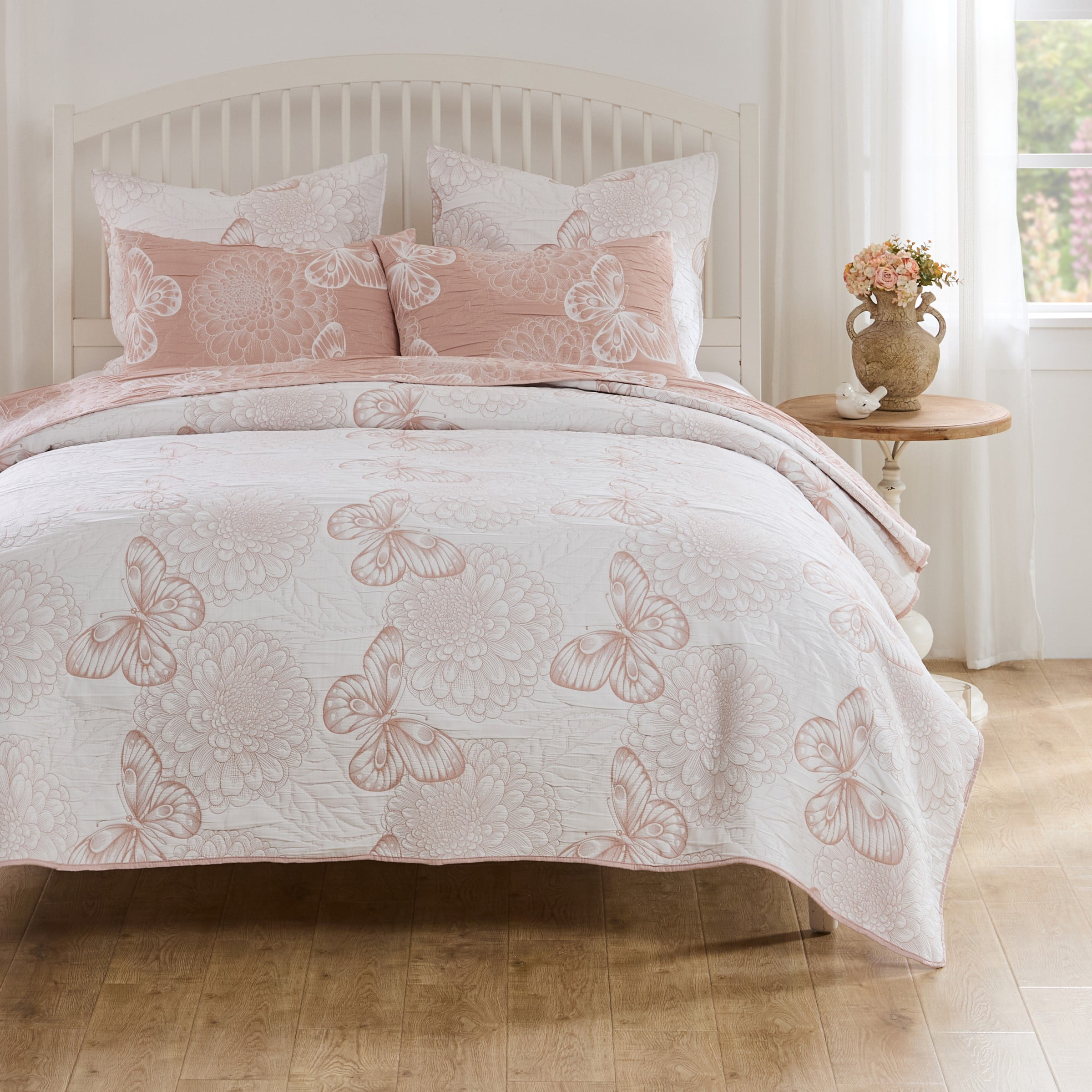 Greenland Home Fashions Mariposa Blossom and Butterfly Pink Matelassé Reversible Coverlet Set, 3-Piece King/Cal King
