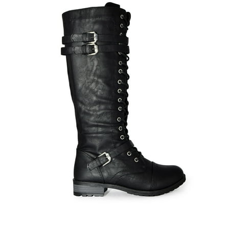 

Wild Diva Women s Faux Leather Strappy Buckle Military Combat Fashion Lace Up Knee Length Boots (Black 7)