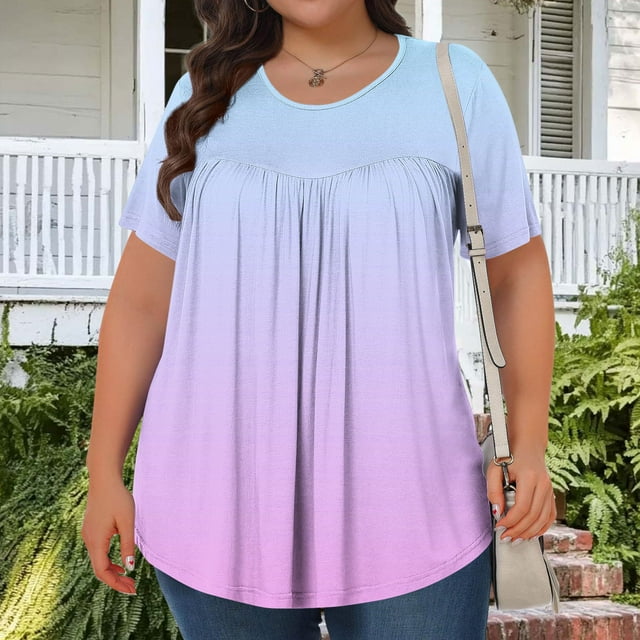 FcBaudy Hauts pour Femmes, Chemisiers et Chemises à Manches Courtes à Col Rond Mode T-Shirt Imprimé pour Femmes Grande Taille à Manches Courtes à Col Rond Blouse Plissée Ample Décontractée et Confortable Hauts Femmes Hauts en Polyester