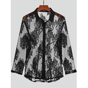 Mens Black Summer Mesh See-through Tops Shirts Long Sleeve Sheer Shirts