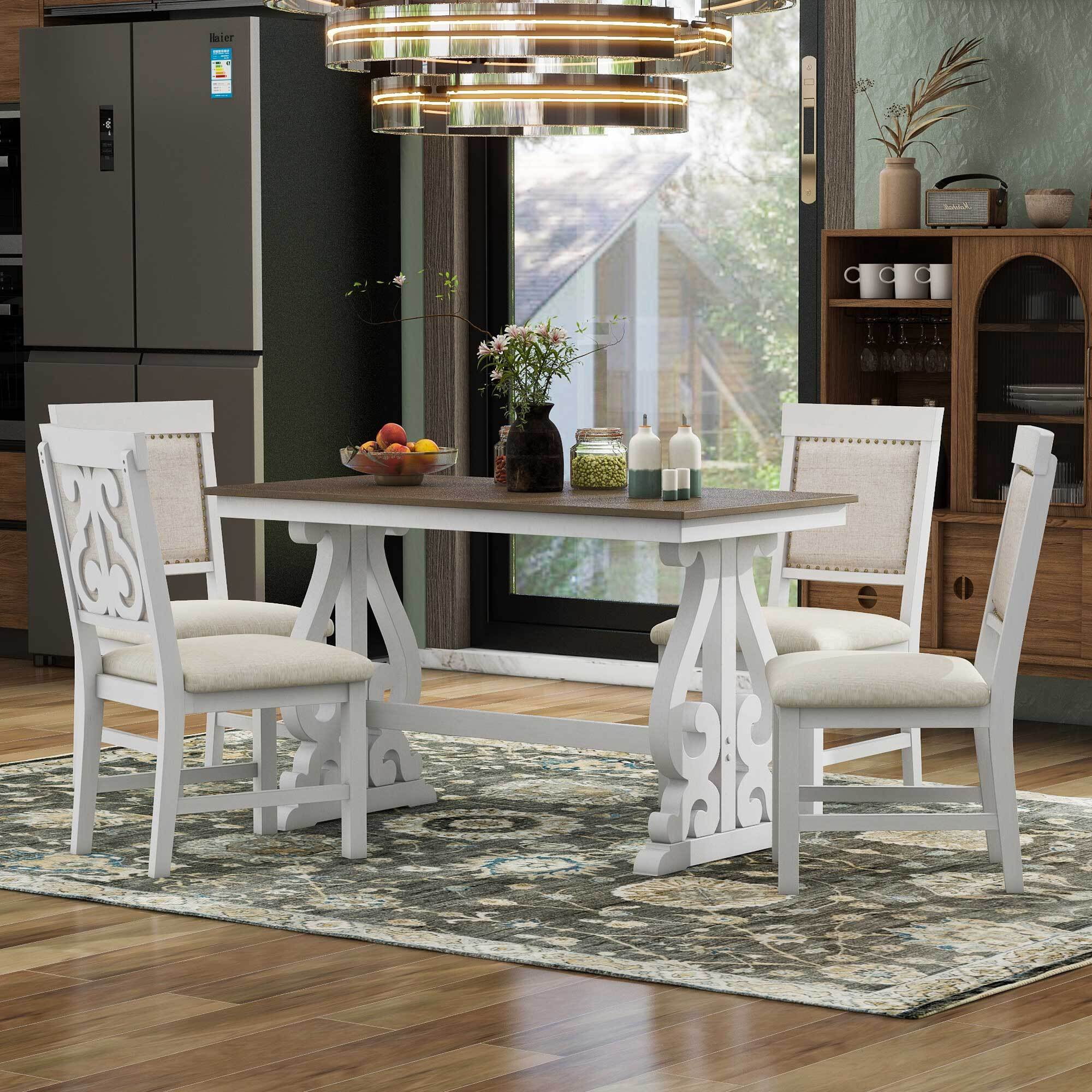 EUROCO 52" 5PCS Retro Dining Set, Dining Table Set for 4 with 4 Upholstered Chairs and Solid wood Table Leg,Rectangular Kitchen Table set for 4