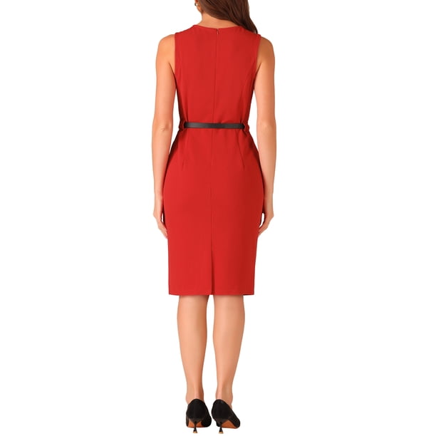 red dress with black belt INSPIRE CHIC Sleeveless Sheath for Women's Office Round Neck Belted Business Pencil Dresses L Size:6.5W =_ inches.2 September 2024 Sexy Backless Halter Dress