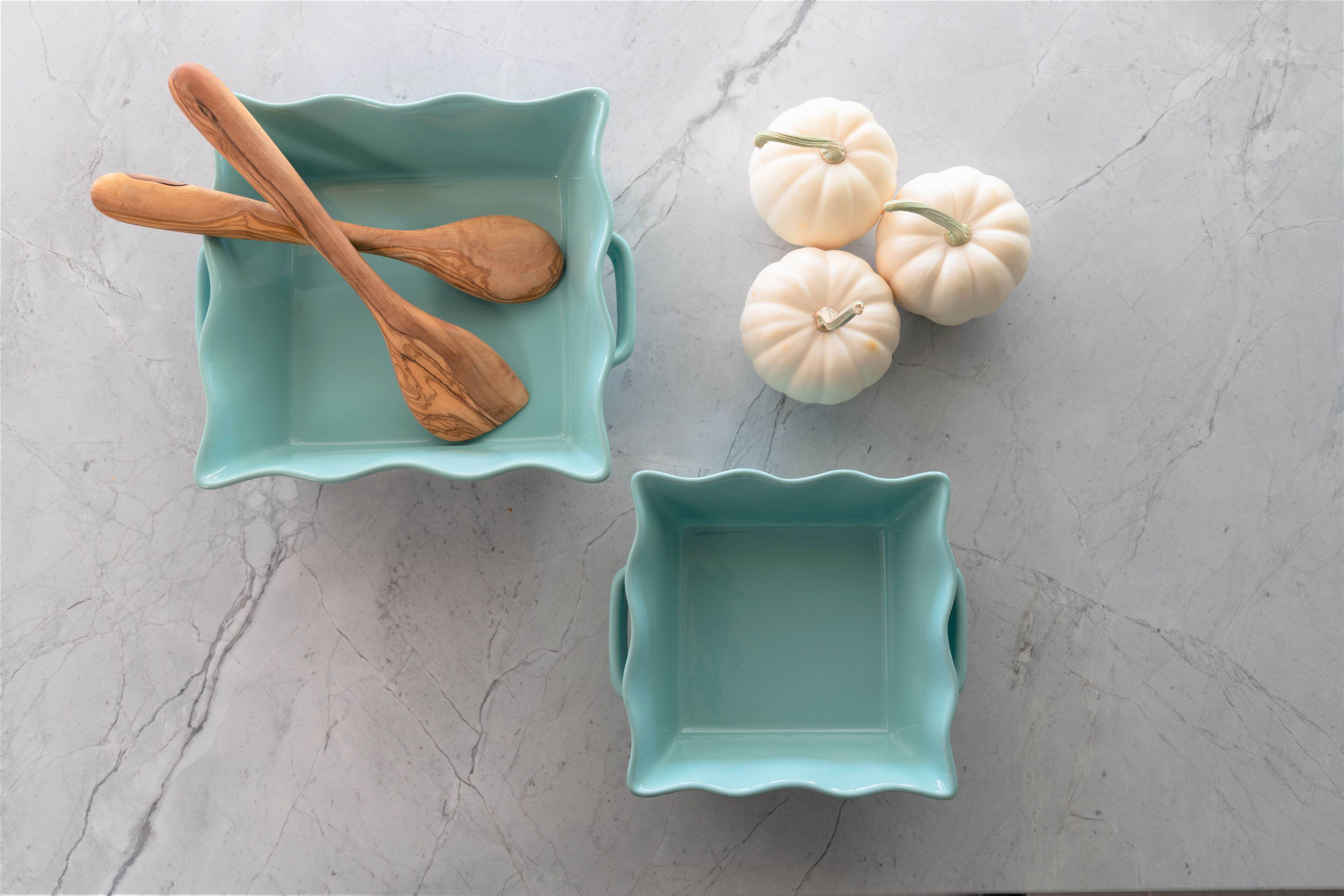 10 Strawberry Street Ruffled Square Ceramic Bakers Set of 2, Turquoise