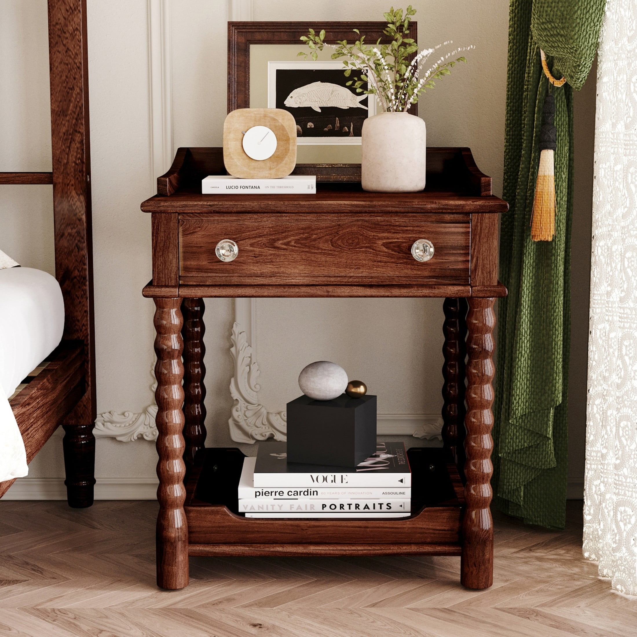 Noble House Retro Nightstand with Drawer and Open Shelf, Bedside Table with Turned Legs, Walnut