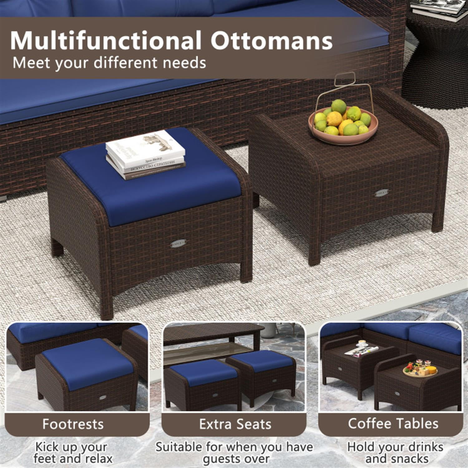 Demi Bonn 2 Pieces Outdoor Patio PE Wicker Ottomans with Removable Cushions for Yard, Pool or Backyard, Blue