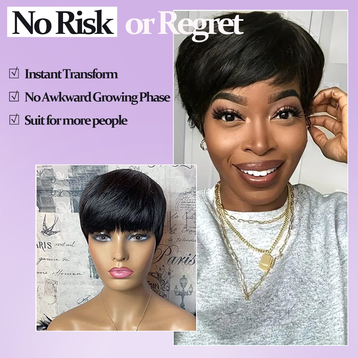 EAEABJ Short Pixie Cut Human Hair Wig with Bangs, Natural Black Straight Layered Glueless