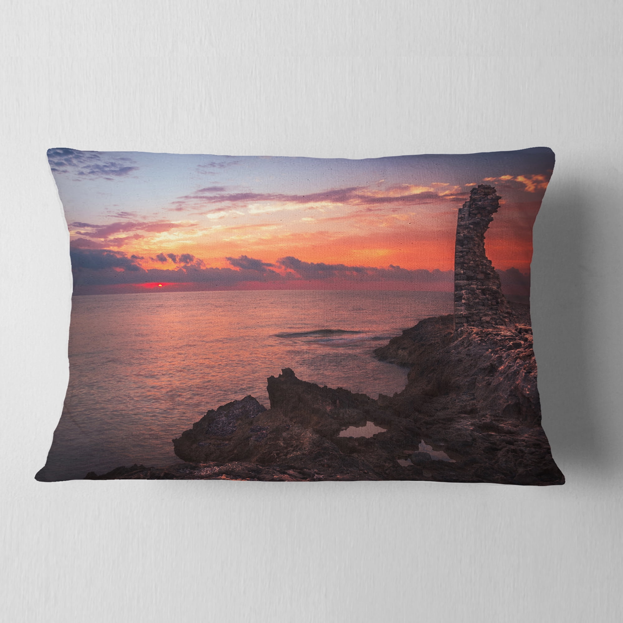 Designart Red Rocky Beach with Ancient Ruins - Oversized Beach Throw Pillow - 12x20