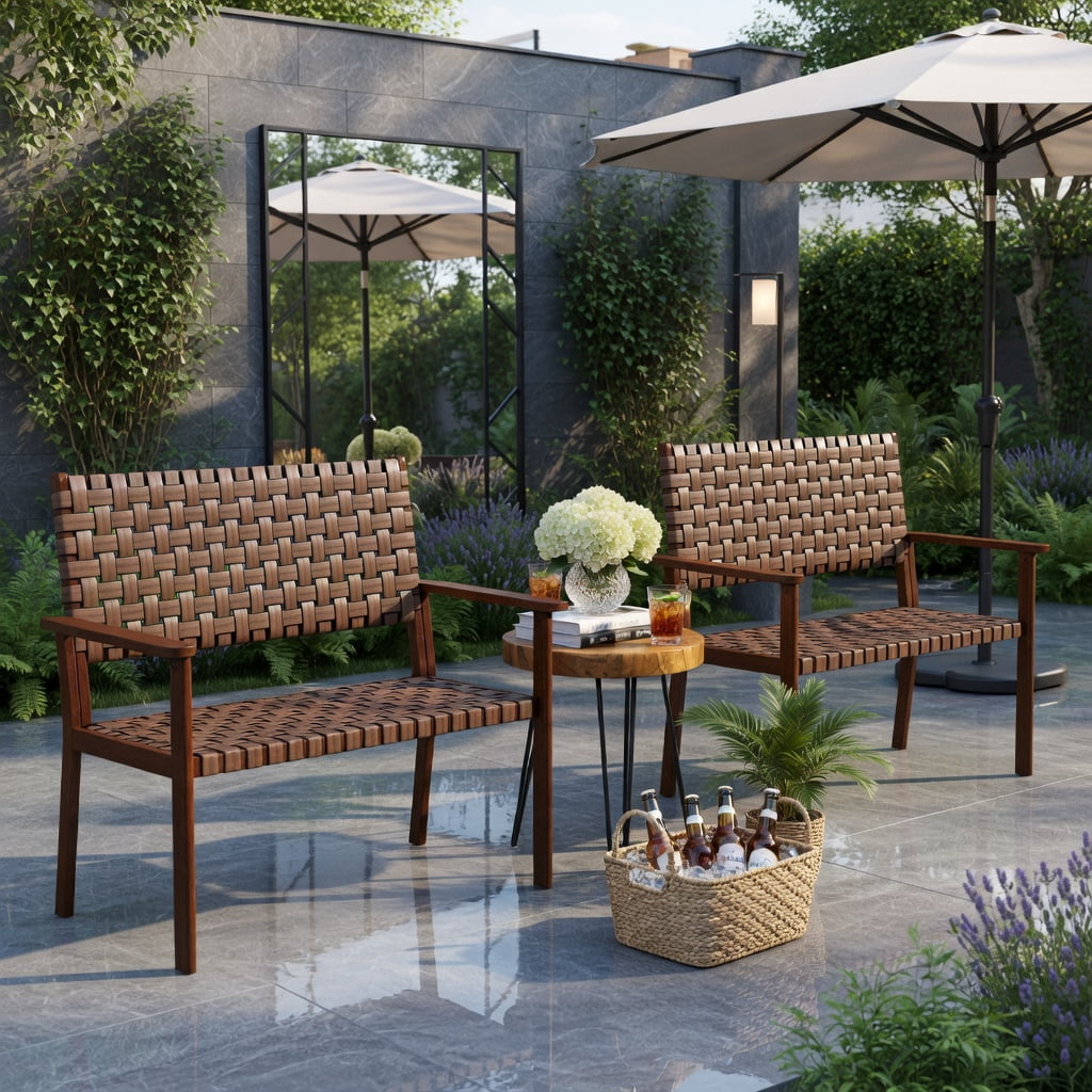Hommoo All-Weather Outdoor Bench, Hand-Woven PU Leather Seat, Solid Rubber Wood Frame, Natural