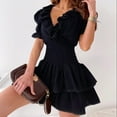 thumbnail image 5 of VSSSJ Summer Mini Dresses for Women Casual Solid Color Puff Short Sleeve V-Neck Ruffle Smocked Elastic Waist Tiered Chiffon Dress, 5 of 8