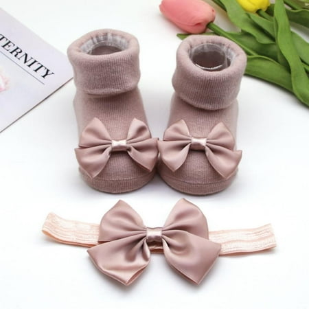 

Xinhuaya 0-12M 2 PCS/Set Baby Girl Socks Headband Set Bow Anti-Slip Cotton Ankle Socks with Elastic Headband Gift Set for Newborn