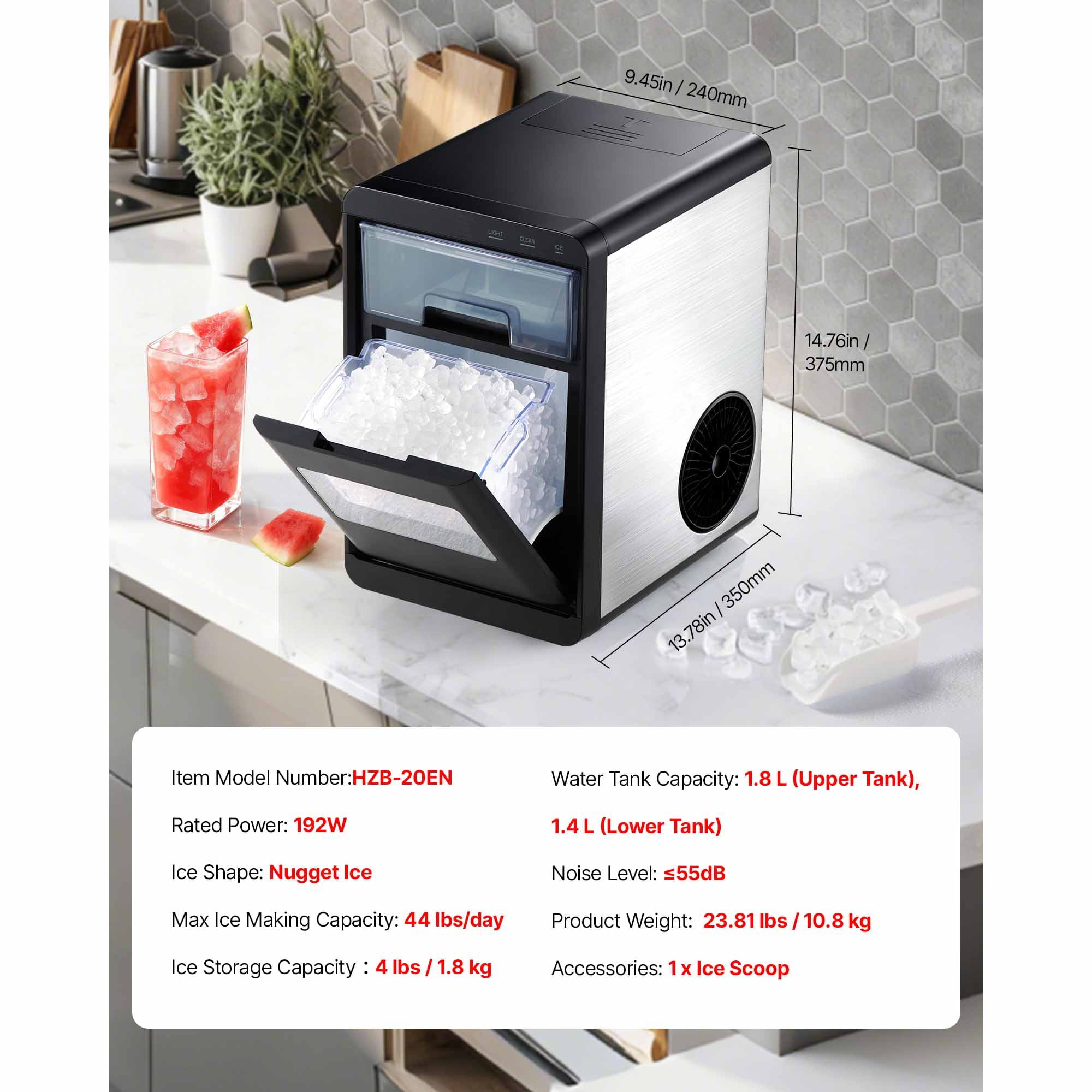 KFFKFF Countertop Ice Maker, 44 lbs Daily Capacity, Self-Cleaning Portable Machine with Scoop, Drawer-Style Access, Nugget Ice Maker for Home, Kitchen, Office, Bar & Gatherings
