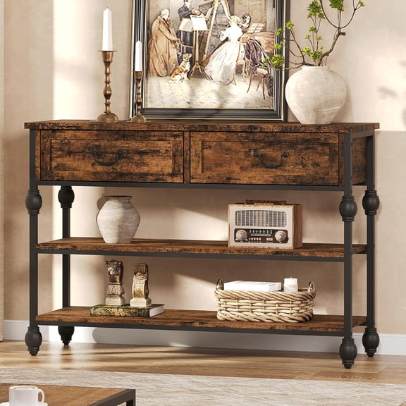 41" Entryway Table, Console Table with 2 Storage Drawers, 3 Tier Industrial Metal Sofa Table, Behind Couch Table, Hallway Table for Entry, Living Room-Rustic Brown
