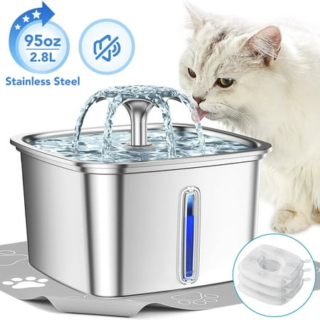 Ophanie 95oz/2.8L Stainless Steel Cat Water Fountain with Replacement Filters & Silicone Mat, Automatic Water Dispenser for Cats and Dogs, Electric Drinking Bowl Suitable for Multiple Pets, Silver
