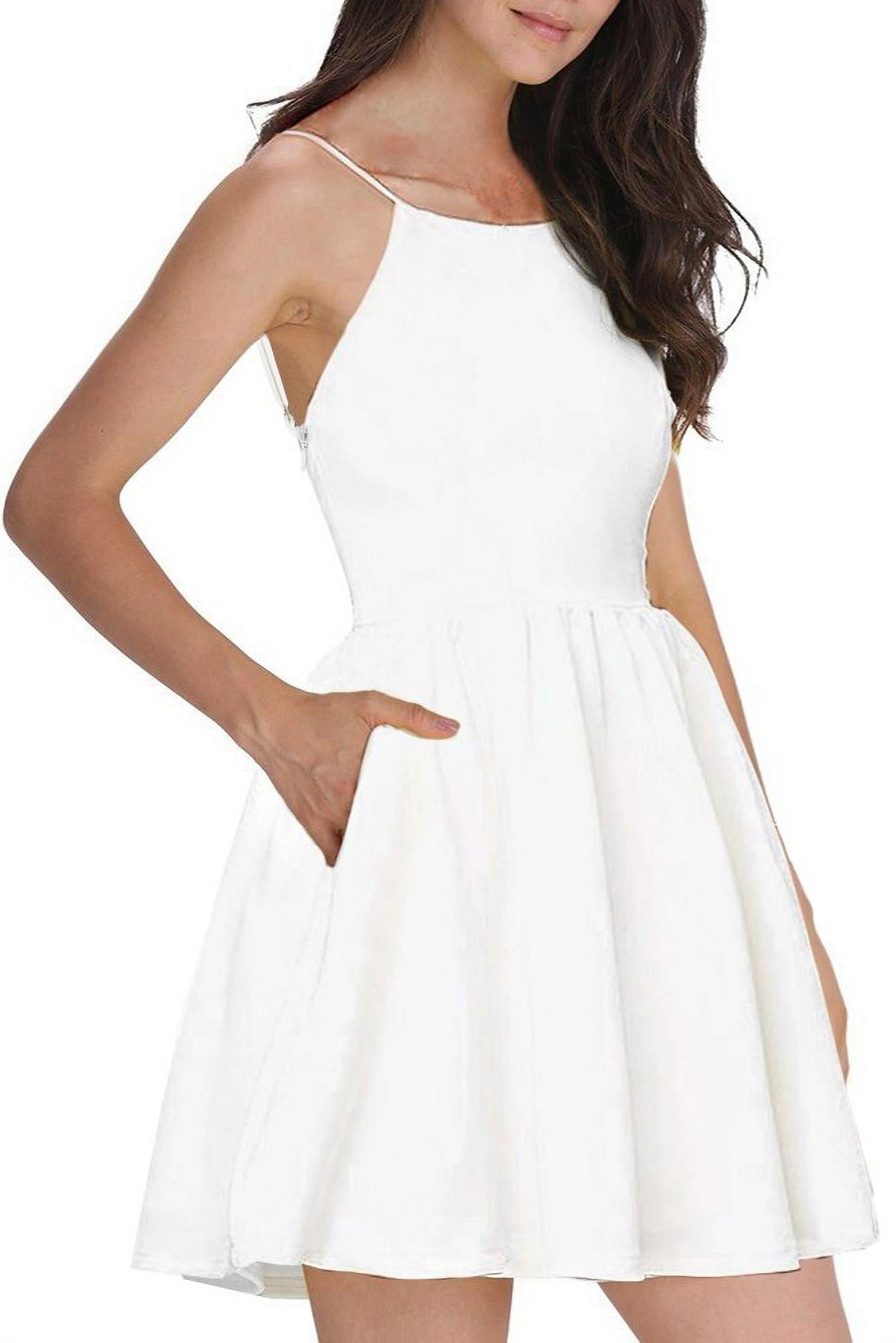 Women's White Short Dress Spaghetti Strap Backless Mini Skater Juniors Dresses White M - Walmart.com