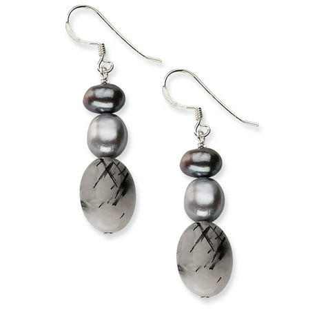 Baroque Freshwater Pearl Earrings - 925 Sterling Silver Freshwater Cultured Pearl & Tourmalinated Quartz Baroque and Flat Oval Dangle Earrings - 0.6 Grams