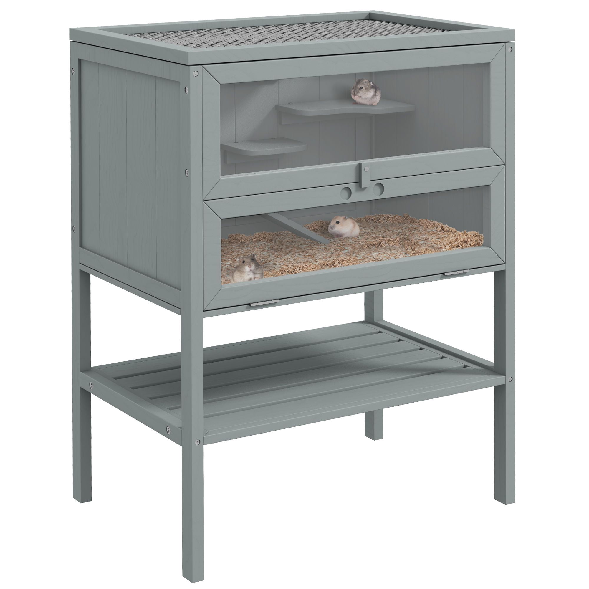 3 Tier Wooden Large Hamster Cage Mice Rat Small Animals Hutch with Openable Top Front Door Storage Shelf Gray