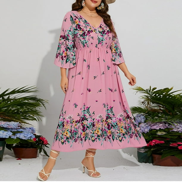 WILLBEST Vestido De Lino Para Mujer, Moda Informal De Primavera, Talla Grande, Floral, De Gasa, Cintura Elástica, Mangas Acampanadas, Vestido De Fiesta