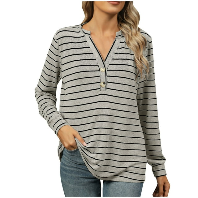 MeetoTime T-Shirt à Manches Longues Rayé pour Femmes Tunique Décontractée à Col en V Boutonnée Tenue Décontractée Douce d'Automne