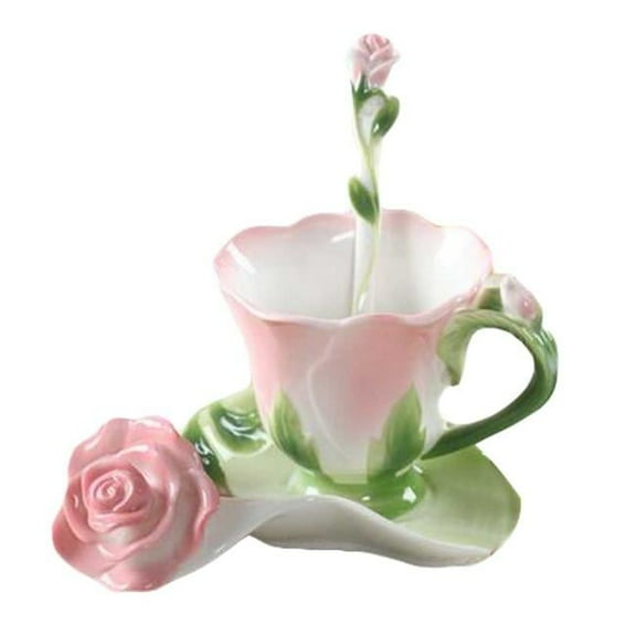 5.1 oz Pink Rose Shape Design Porcelain Coffee Tea Cup Sets with Saucer & Spoon, Multi Color