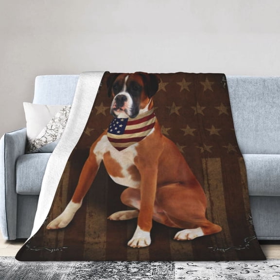 Wijzvio Boxer Dog With Vintage American Flag Throw Blanket Soft Fuzzy Fleece Blanket For Couch Bed Living Room Decoration 40"X30"