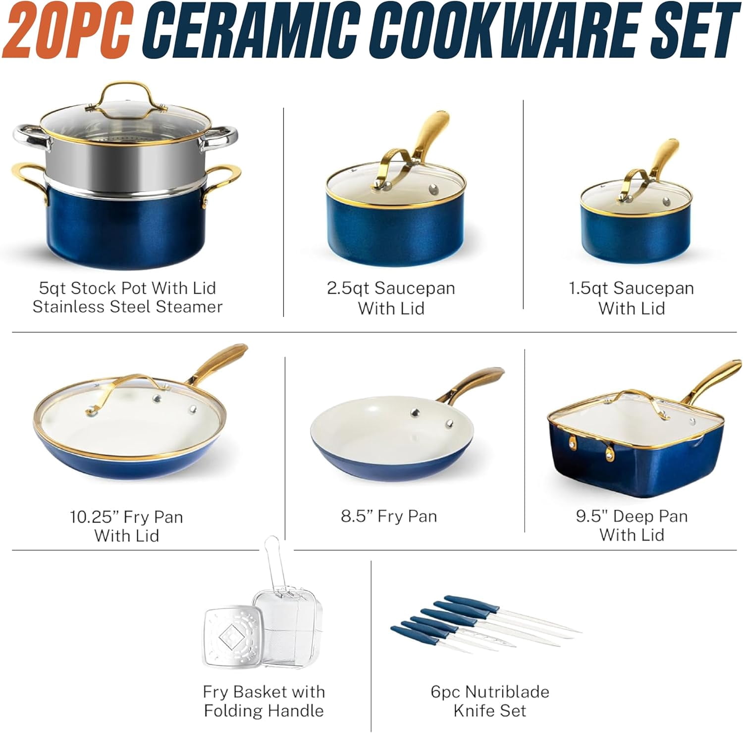 Gotham Steel 20 Pc Ceramic Pots and Pans Set Non Stick, Kitchen Cookware Sets with Knife Set, Pot and Pan Set, Ceramic Cookware Set, Non Stick Pots and Pan Set, Oven and Dishwasher Safe