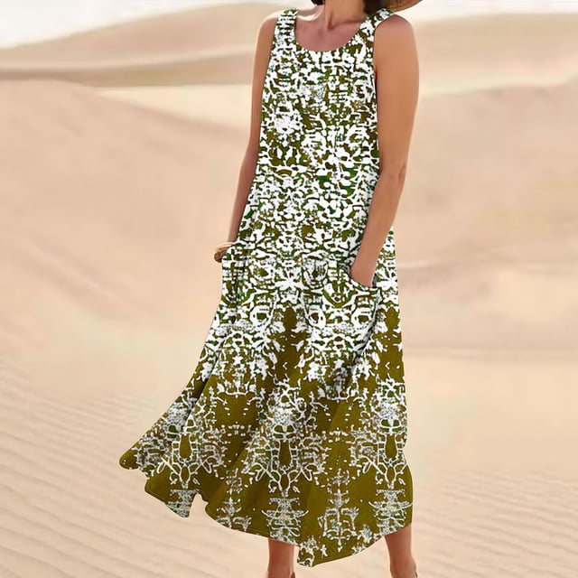 LOVZFMLL Dresses Women's Sleeveless And Linen Round Neck Printed Long Dress With Pocket