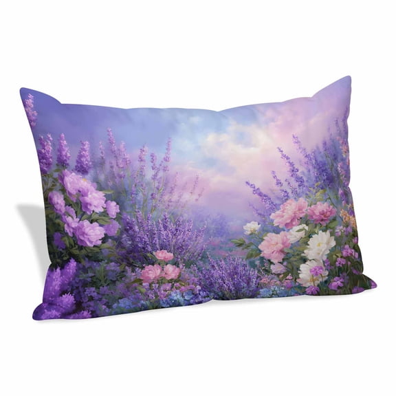 Purple Lavender Pillow Covers, Linen Long Throw Pillow Case, Spring Watercolor Country Wildflowers Holiday Pillow Protector Decorative Cushion Cover for Living Room/Bedroom 20" x 30"