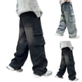 thumbnail image 7 of UACY Boy's Girls Cargo Jeans Baggy Denim Pants Elastic Waist Straight Wide Leg Jeans Streetwear with Pockets ﻿ (Black, 15-16 Years), 7 of 7
