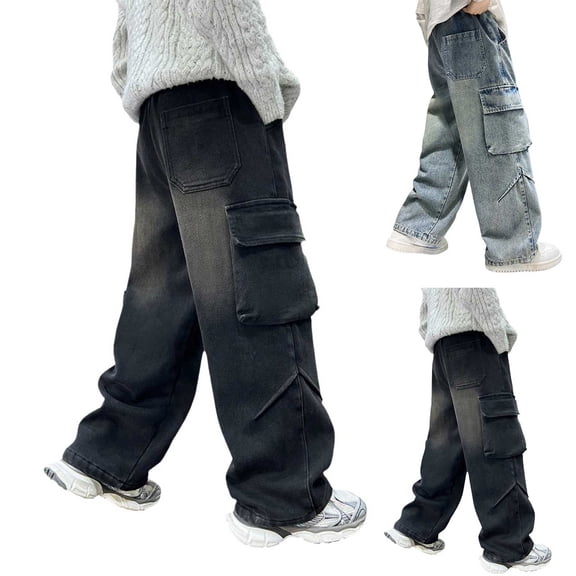 YunPes Boys Jeans Baggy Straight Wide Leg Trousers Vintage Elastic Waist Loose Y2K Denim Cargo Pants Hip Hop Streetwear Washed Jeans