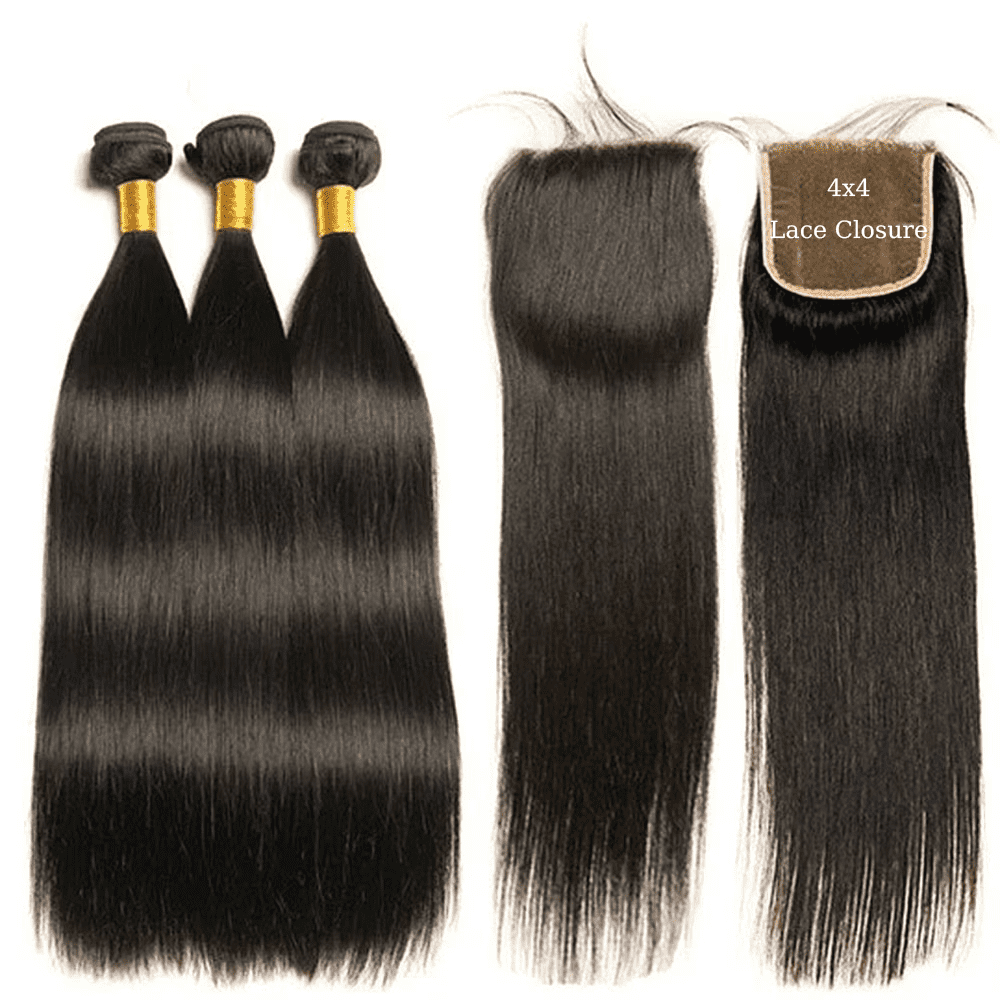 USTAR 4x4 Lace Closure 18 Inch with 3 Bundles Brazilian Virgin Human Hair 16 18 20 Inch, Straight Natural Black for Black Women Deal