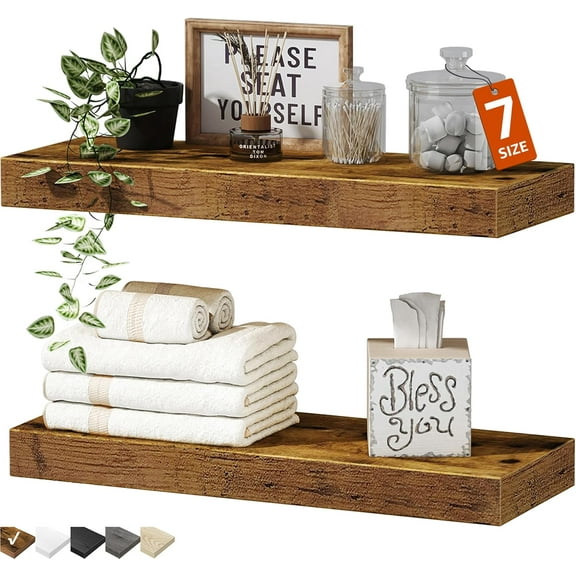 Bathroom Floating Shelves for Wall - 15.7" Wall Mounted Shelf Over Toilet Farmhouse Home Decor Display Bookshelf Small 15.7 x 6.7 inch Set of 2, Rustic Brown (008-40BN)