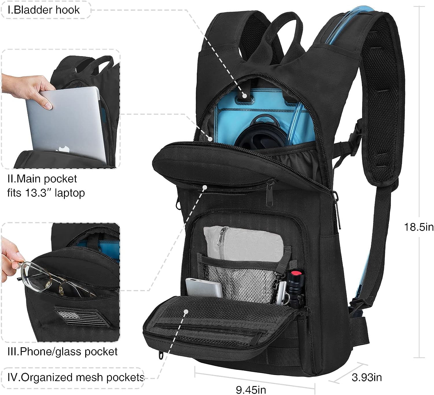Brightify Hydration Backpack 17L, Hiking Backpack with 3L TPU Water Bladder for Cycling Running Hiking Climbing Biking, Breathable Water Hydration Backpack for Men Women, Black