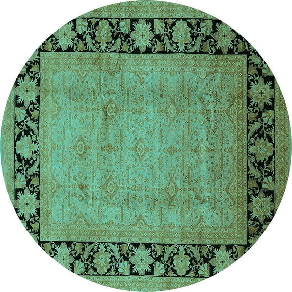 Ahgly Company Machine Washable Indoor Round Oriental Turquoise Blue Industrial Area Rugs, 5' Round