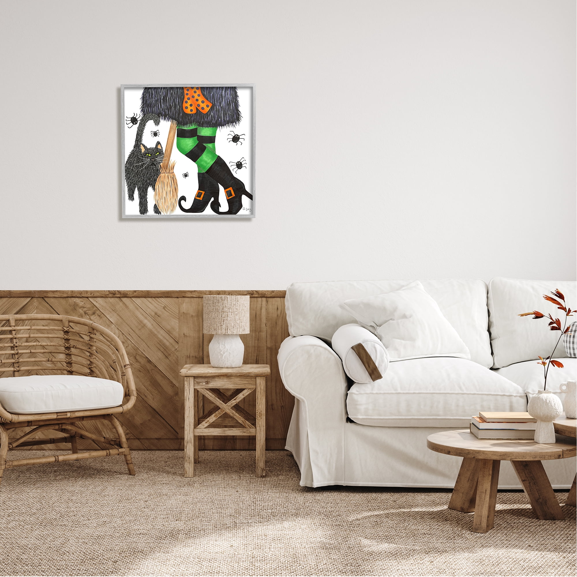 Stupell Industries Witch Broom Halloween Black Cat Holiday Painting Gray Framed Art Print Wall Art