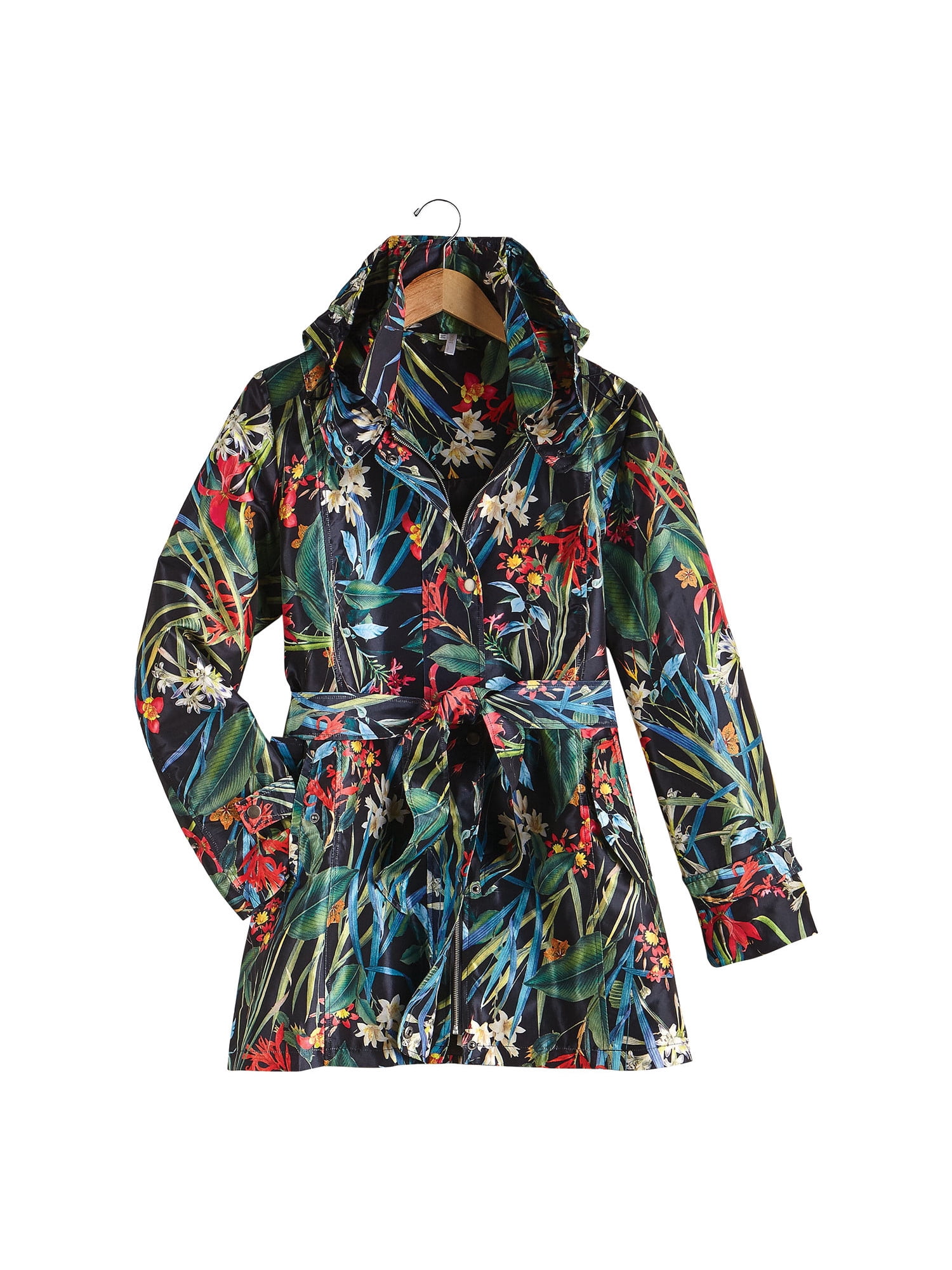 black floral raincoat