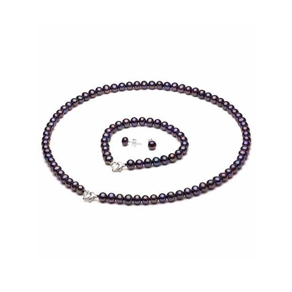 ADDURN 6-7mm Black Freshwater Pearl Heart-Shape Sterling Silver Necklace (18"), Bracelet (7") Set with Bonus Pearl Stud Earrings