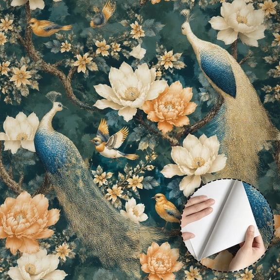 Vintage Peacock and Floral Wallpaper Boho Style Peel and Stick Waterproof Wall Decoration for Living Room Bedroom Bathroom Kitchen Cabinet Rental Property 17.7 * 78.5 in
