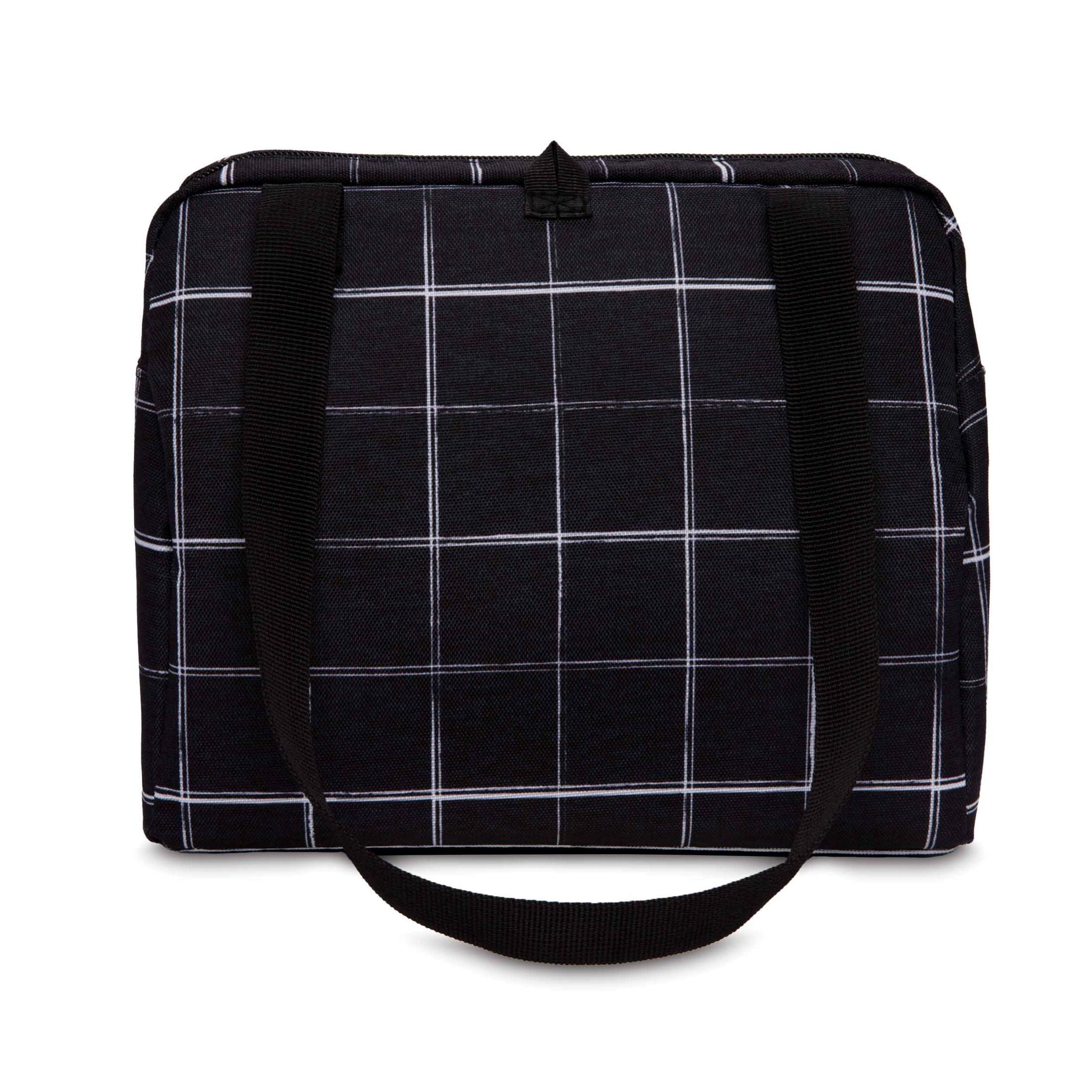 PackIt Freezable Hampton Lunch Bag, Black Grid, built with Shoulder Straps and Zipper Closure